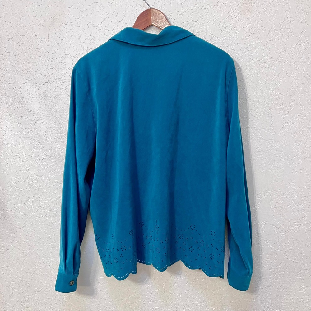 Alfred Dunner Women Teal Blue Button Down Shirt Eyelet Trim Long Sleeve Size 14‎ - Picture 6 of 7